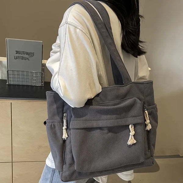 Classic Corduroy Tote Bag with Multiple Pockets