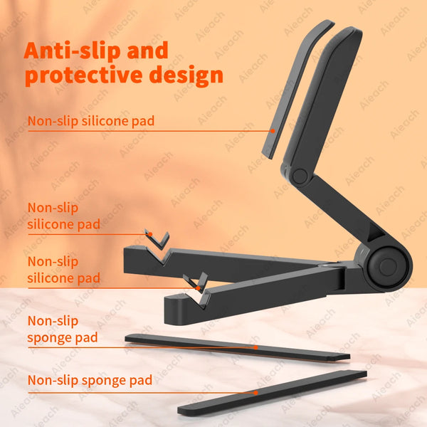 Diseño antideslizante y protector con almohadillas de silicona y esponja en un soporte plegable ajustable negro.