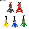 A set of two heavy-duty metal car jack stands used for lifting 1/10 scale RC crawlers, shown in black, red, and yellow.