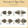 A display showing four types of vintage rotating sweater clips in various sizes and styles.