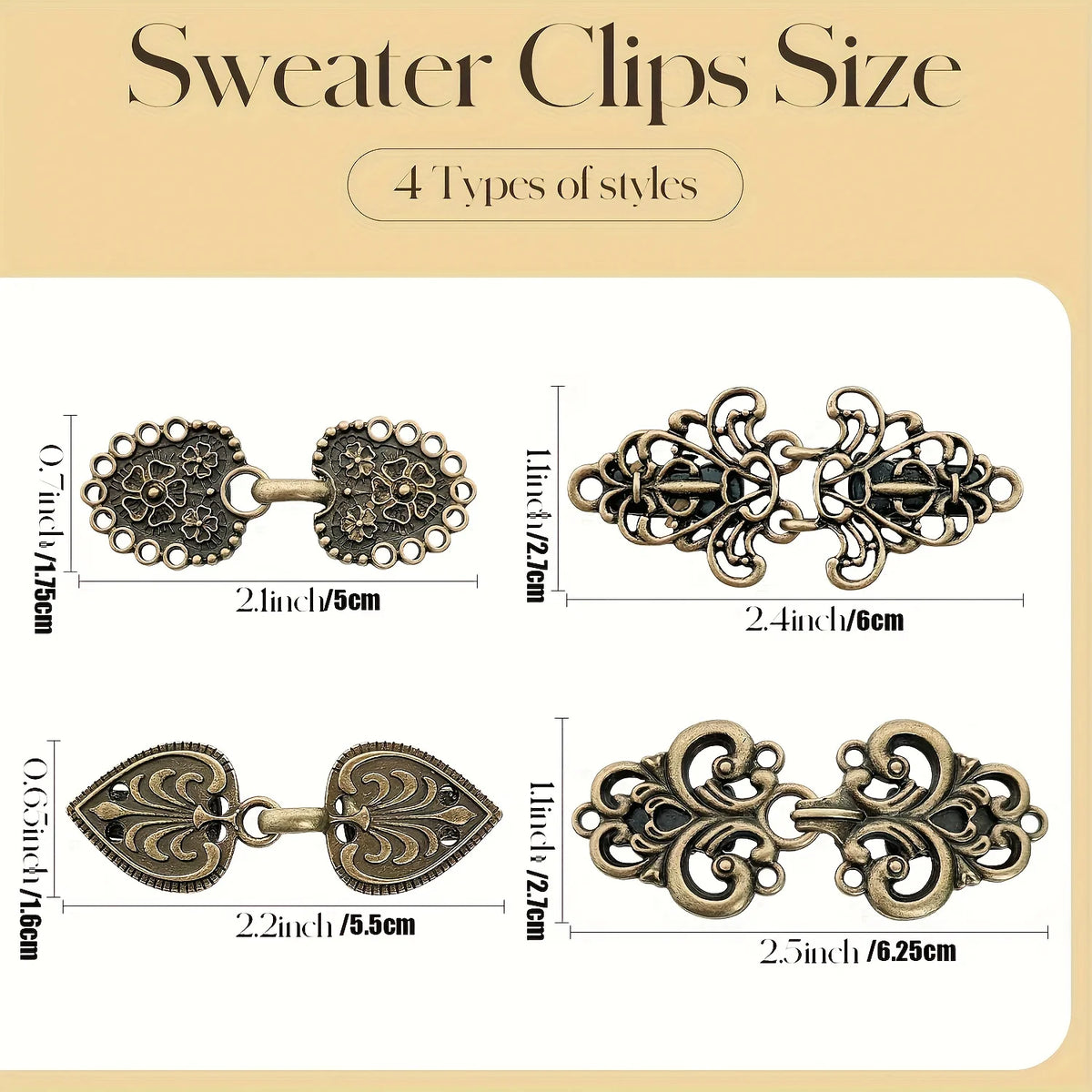 A display showing four types of vintage rotating sweater clips in various sizes and styles.