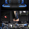 Black and blue PU leather car seat covers for a vehicle interior, showing various features like seat belt exit and three-piec