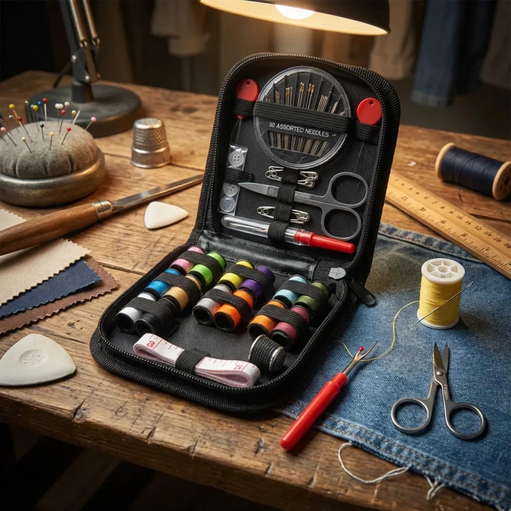 A compact travel sewing kit with various needles, scissors, and tools laid out on a wooden table.