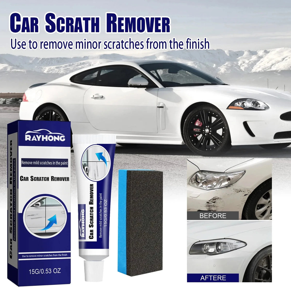 A kit for car scratch remover and paint repair featuring a foam cleaner and polishing pads used to remove minor scratches fro