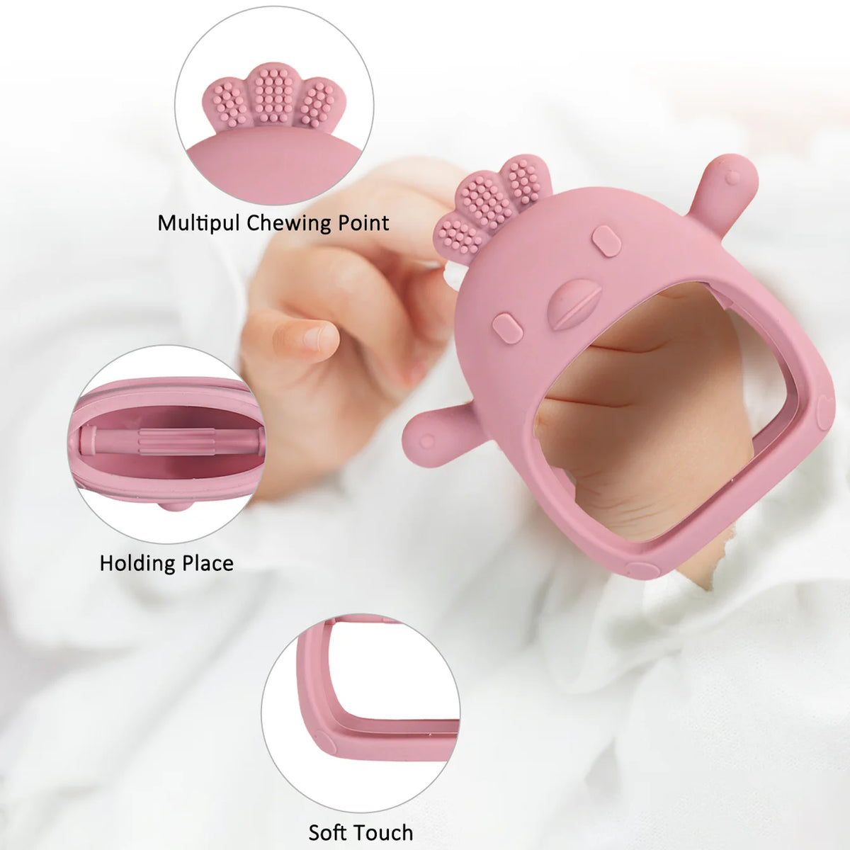 Pink silicone teether glove for baby with multiple chewing points and a soft touch feature