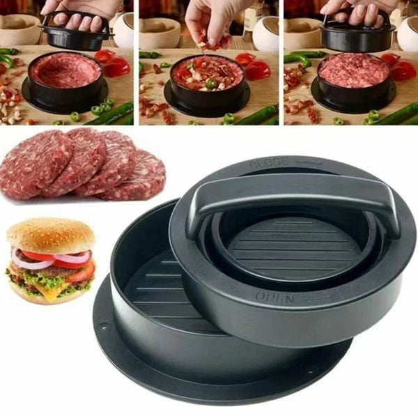 A set of black hamburger press and patty maker tools used for preparing meat patties.