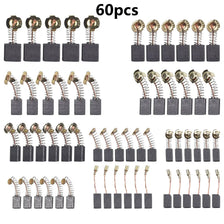A collection of 60 carbon brush assortment kits for power tools, featuring various sizes and types.