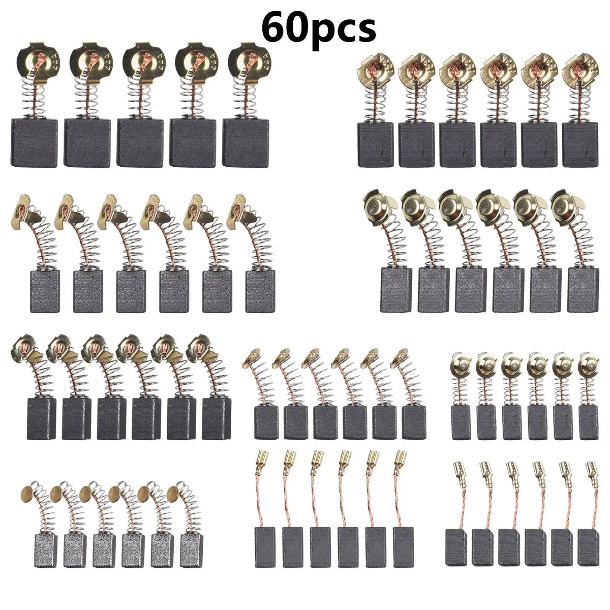 A collection of 60 carbon brush assortment kits for power tools, featuring various sizes and types.