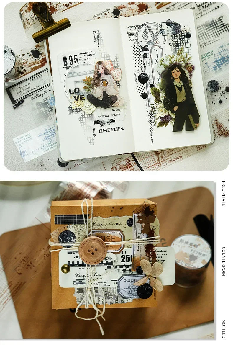 Decorative PET washi tape featuring a collage design on a brown kraft paper gift box.