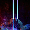 A glowing purple and blue lightsaber stands upright amidst dark rocks and wisps of smoke.