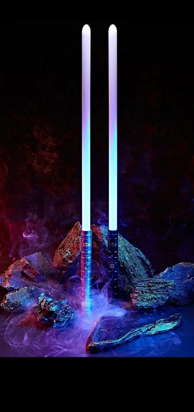 A glowing purple and blue lightsaber stands upright amidst dark rocks and wisps of smoke.
