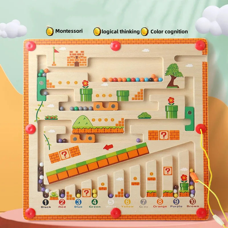 A wooden magnetic color sorting maze board for logical thinking and color cognition featuring various colored pegs and pathwa