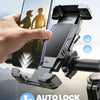 Eine Hand hält ein Smartphone, das an einen schwarzen Fahrrad-Handyhalter mit Autolock-Funktion befestigt ist.