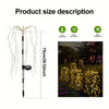 A tall solar firecracker willow light with multiple modes is shown next to a photo of it illuminating a garden path.