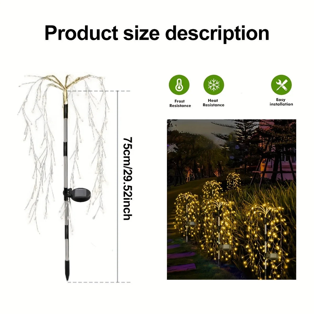 A tall solar firecracker willow light with multiple modes is shown next to a photo of it illuminating a garden path.