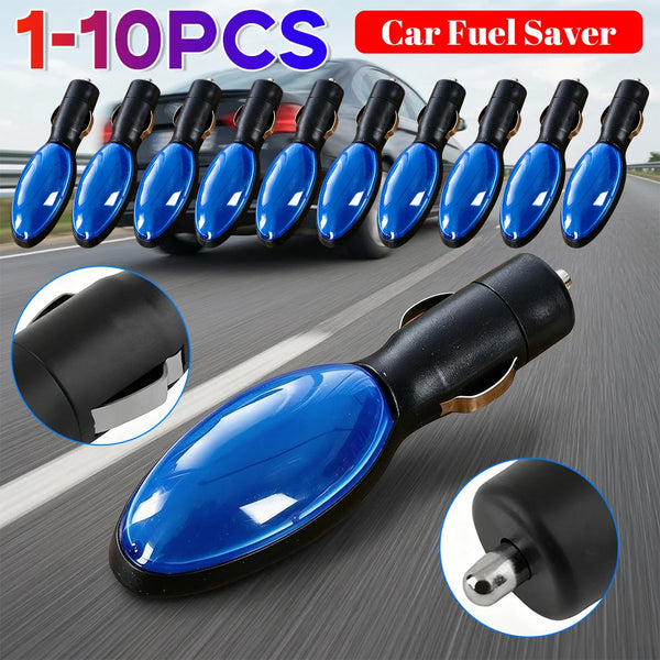 A set of 10 blue car fuel saver devices are shown, including a close-up view of the device and its plug.