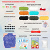 A collection of crafting supplies including yarn, needles, granules, eyes, a styling bar, and a crochet kit with instructions
