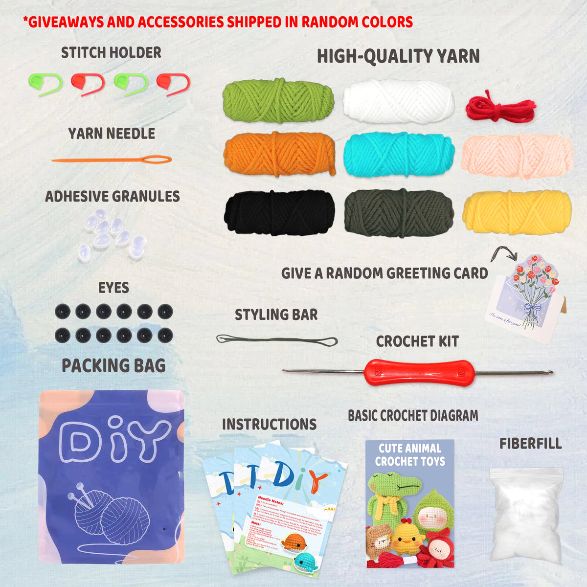 A collection of crafting supplies including yarn, needles, granules, eyes, a styling bar, and a crochet kit with instructions
