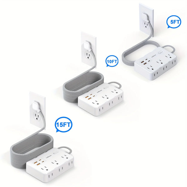 Weiße 6-fach Überspannungsschutzleiste mit USB-Anschlüssen und grauen Kabelabdeckungen in verschiedenen Konfigurationen.