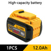 A yellow high-capacity lithium-ion battery labeled 20V 12.0Ah DCB609 for power tools.