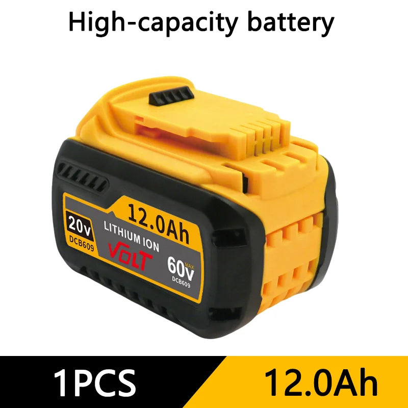 A yellow high-capacity lithium-ion battery labeled 20V 12.0Ah DCB609 for power tools.