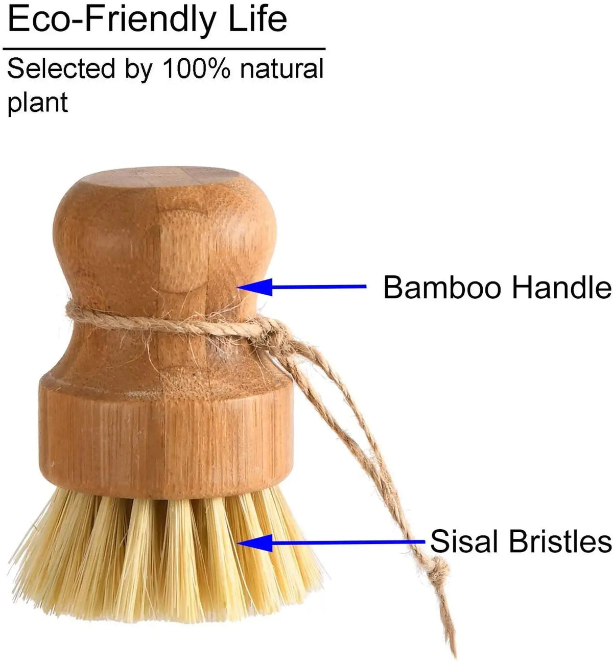 A wooden bamboo dish scrub brush with a natural sisal bristle handle and bristles.
