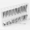 A clear plastic case holding an assortment of stainless steel watch spring bars.