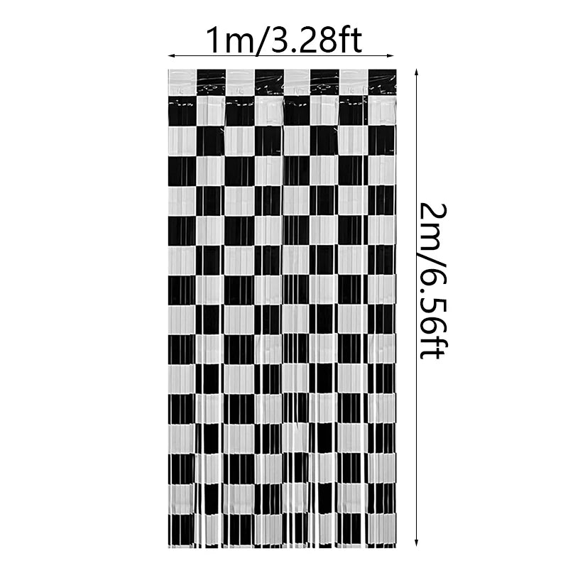 Black & White Checkered Foil Fringe Curtains for Racing Party Decor