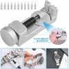 A silver watch band link remover and pin extractor kit with a threaded tool and various watch bands shown for adjustment.
