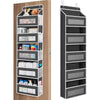 A tall, black over-the-door hanging storage organizer with multiple compartments for shoes and accessories.