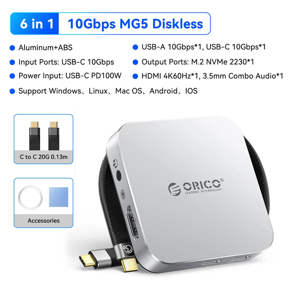 Boîtier NVMe SSD magnétique argenté avec divers ports et accessoires