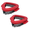 A pair of red spin mop scrub brushes with black bristles for multi-surface cleaning.