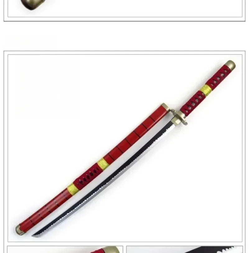 A cosplay sword replica of Roronoa Zoro's 41-inch katana with a red and black blade and hilt.
