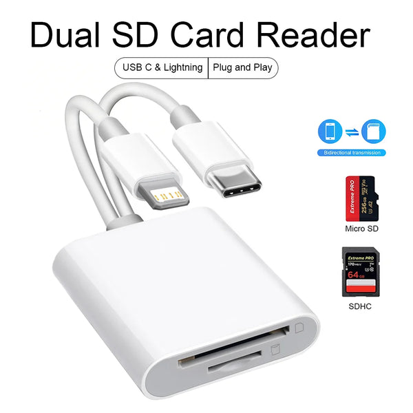 Weißer Dual-SD-Kartenleser mit Kabel, für USB-C & Lightning Plug and Play.
