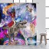 Cat Riding Dinosaur Shower Curtain with Ocean Wave Design