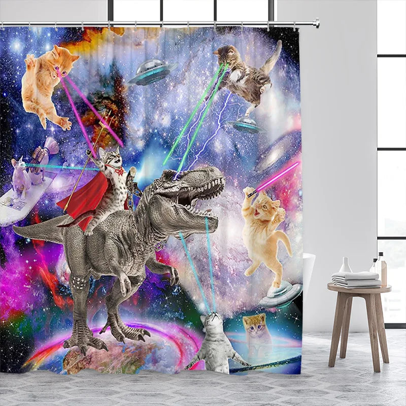 Cat Riding Dinosaur Shower Curtain with Ocean Wave Design