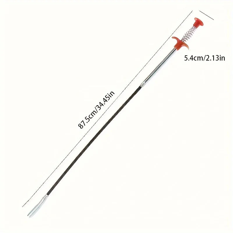 A long, thin drain auger with a flexible shaft and a claw grabber tip for removing hair and clogs.