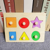 A wooden peg puzzle set featuring colorful shapes like squares, circles, stars, and triangles for toddlers.