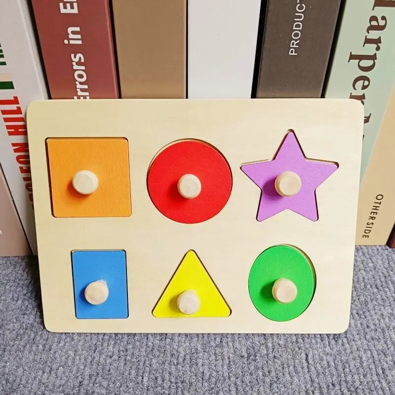 A wooden peg puzzle set featuring colorful shapes like squares, circles, stars, and triangles for toddlers.