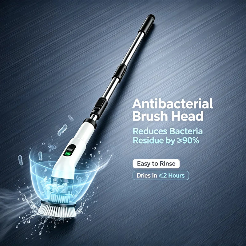 An antibacterial brush head is shown on a cleaning tool against a dark background.