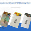 Three plastic RFID blocking sleeves are shown, demonstrating protection for bank cards and passports.