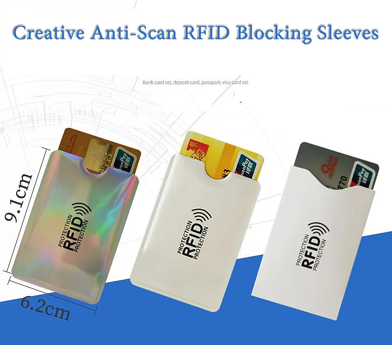 Three plastic RFID blocking sleeves are shown, demonstrating protection for bank cards and passports.