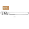 Stainless steel can opener with a long handle and bottle opener tool.