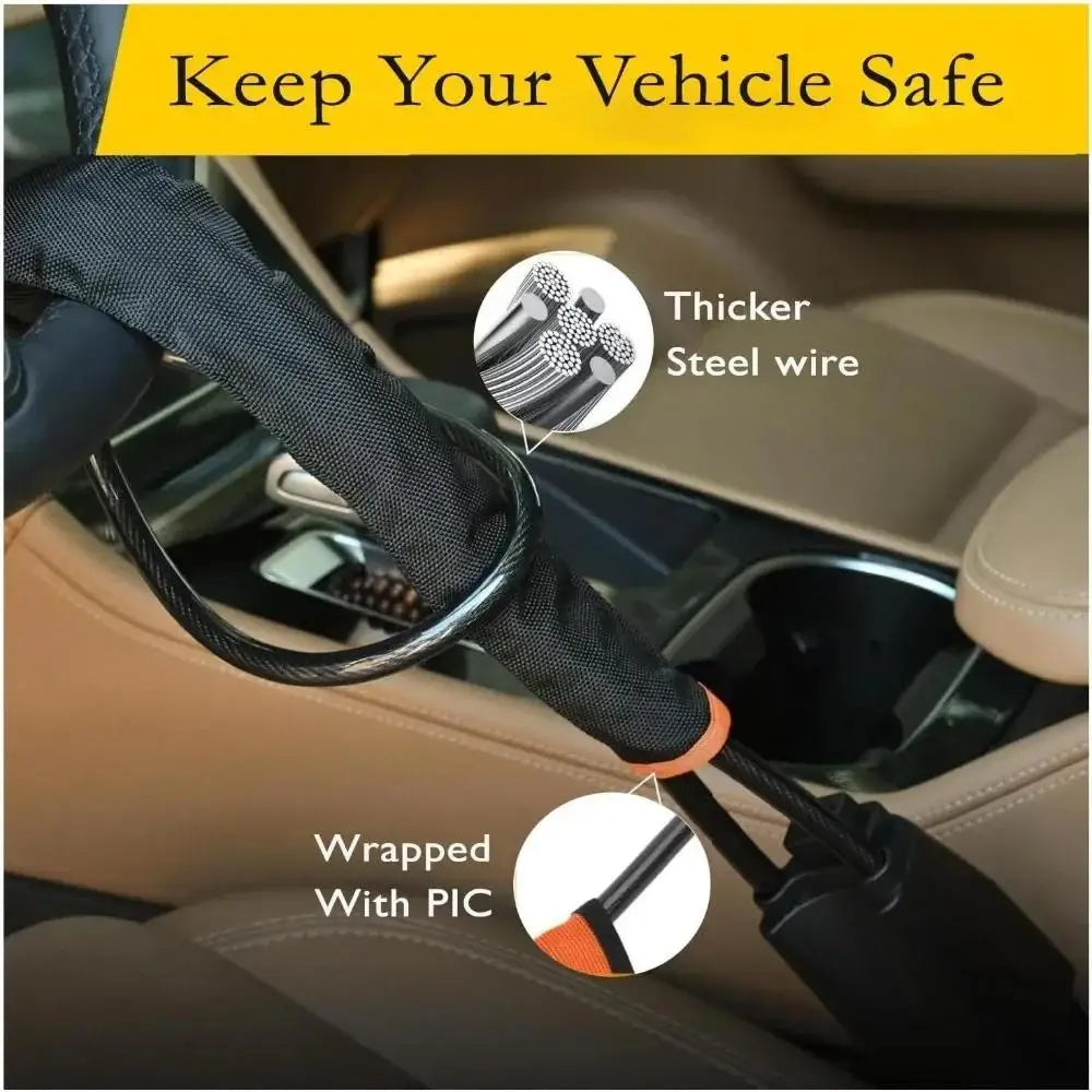 Close-up of a car steering wheel lock mechanism showing a thicker steel wire wrapped with PIC for anti-theft protection