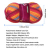 A ball of rainbow gradient dyed wool blend yarn shown flat with a measurement scale.