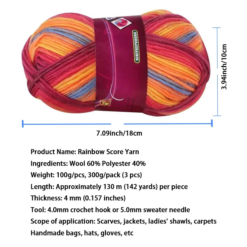 A ball of rainbow gradient dyed wool blend yarn shown flat with a measurement scale.