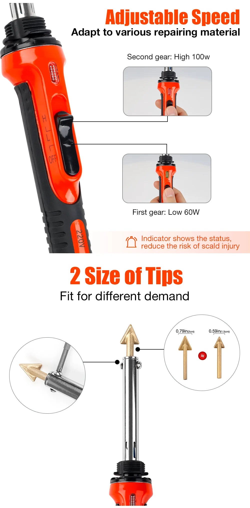 Orange adjustable hot stapler iron with two sizes of tips for repair work