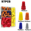 A collection of color-coded twist-on wire connectors in various sizes and colors, packaged in a clear plastic container.