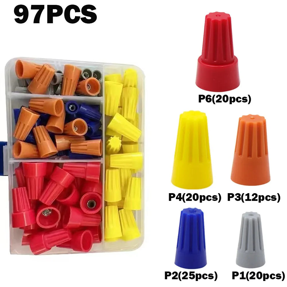 A collection of color-coded twist-on wire connectors in various sizes and colors, packaged in a clear plastic container.