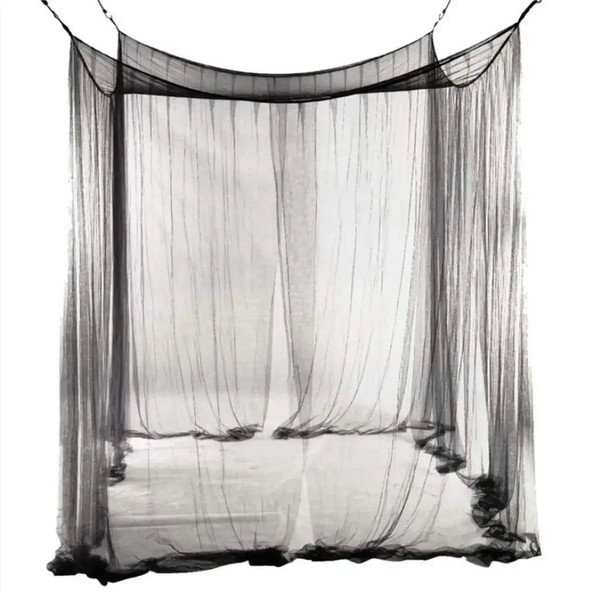 Elegant lace canopy mosquito net draped over a bed frame.